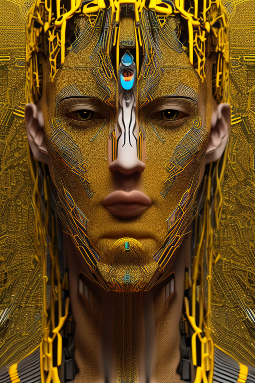 Vibrant Yellow Cyborg Fusion: Classic Art Meets Modern Tech Innovation